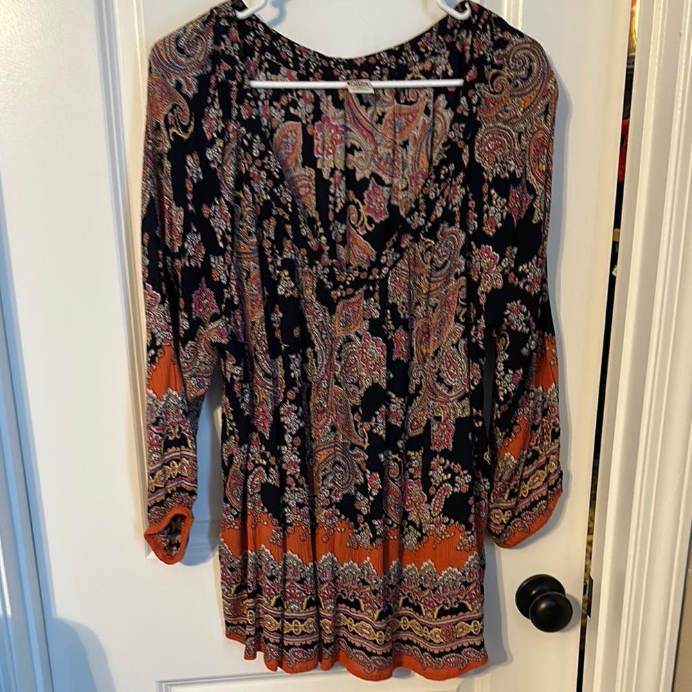 Bila Brown and Gold Relaxed Graphic Long Sleeve Blouse